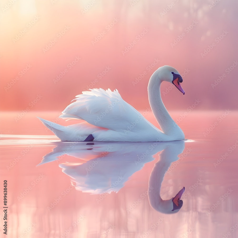 Canvas Prints Graceful white swan gliding across a serene lake at dawn with soft pastel colors reflecting on the water