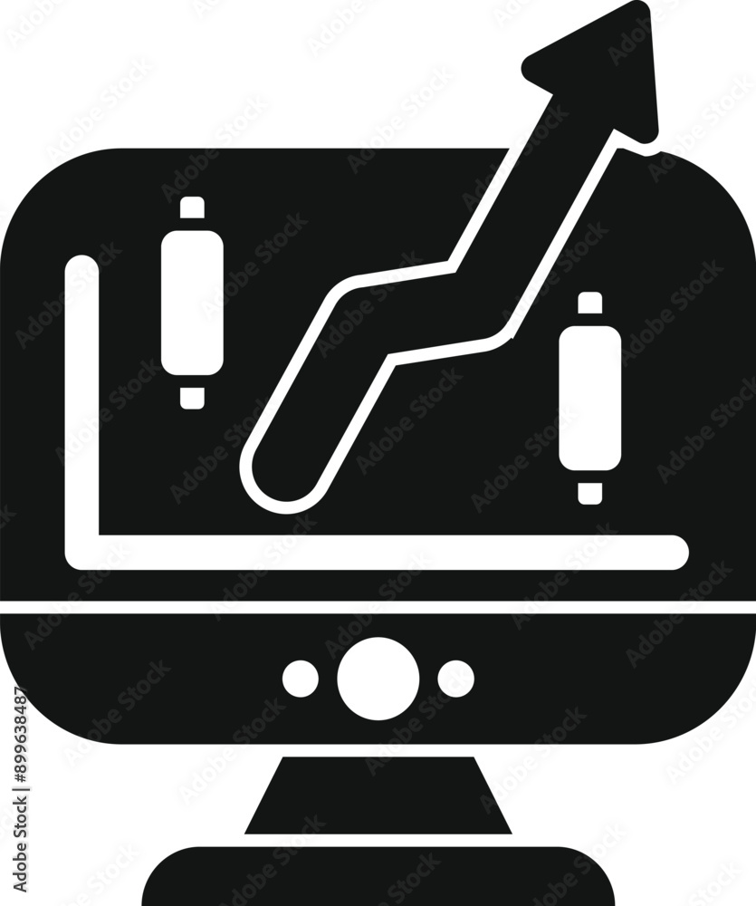 Poster candlestick chart on a computer screen displaying positive growth with a rising arrow