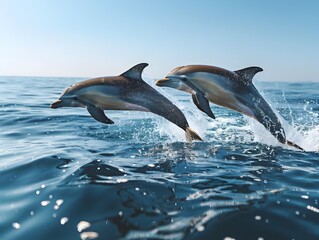 Obraz premium Synchronized Dolphins Leaping from the Ocean with Sparkling Water and Clear Blue Sky