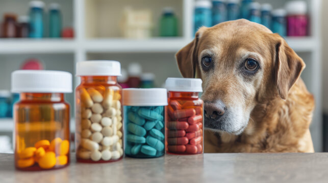 A concerned dog looking at various bottles of medication on a table, highlighting pet health and veterinary care. Shelves of medicine are in the background.