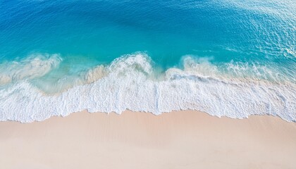 Beautiful tropical summer beach, top view of white sand and blue sea waves, nature background, vacation in paradise concept for tourism, vivid colorful.