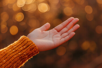 Close-up of an outstretched hand in a cozy yellow sweater against a bokeh background, capturing warmth and autumn vibes.