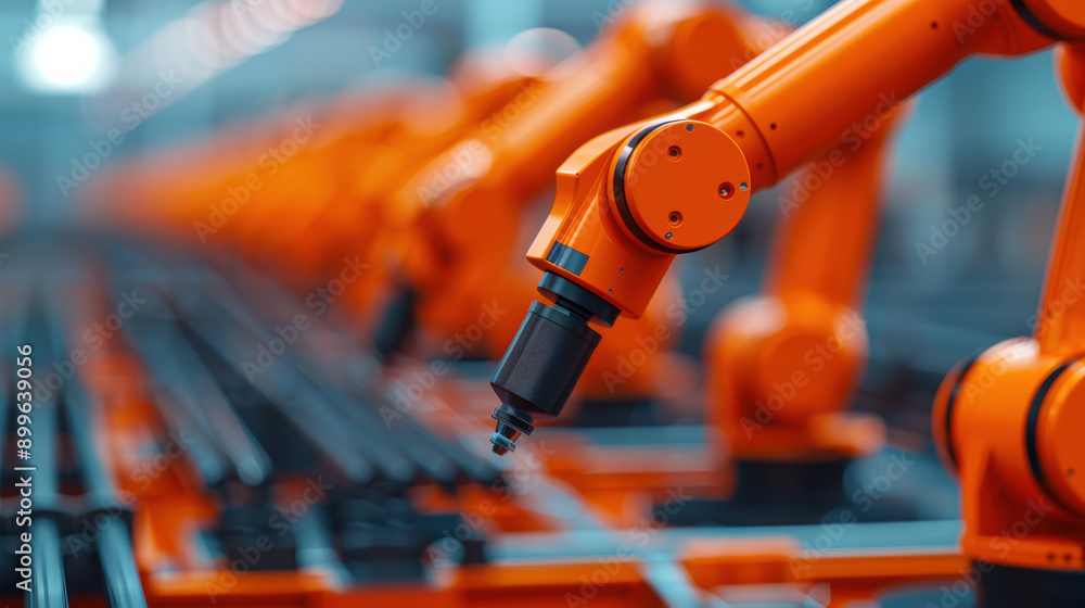 Poster orange robotic arms working in an automated assembly line, representing advanced technology and indu