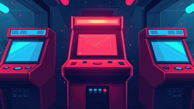 Retro arcade machines with neon lights in a dark room evoke a nostalgic gaming atmosphere perfect for game room designs and vintage themes.