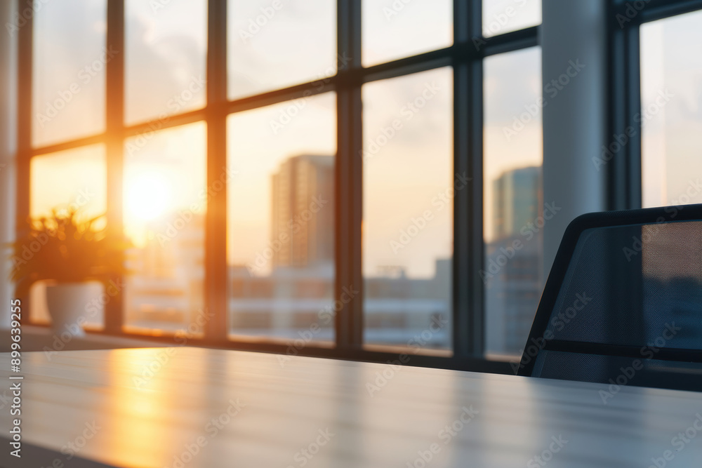 Aufkleber sunset light shines through large windows into a modern office, casting a warm glow on the empty wor