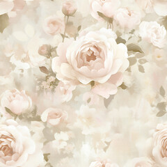 Vintage Watercolor Seamless Pattern with Peonies, Roses, and Camellias