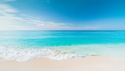 Beautiful tropical summer beach, top view of white sand and blue sea waves, nature background, vacation in paradise concept for tourism, vivid colorful.
