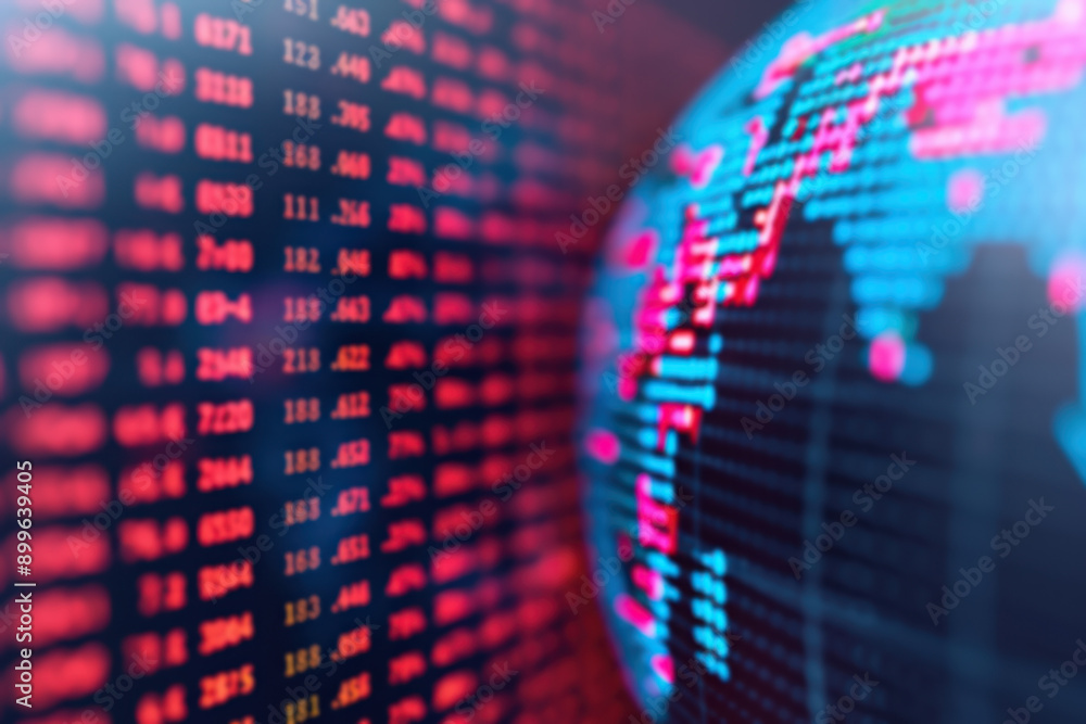 Poster abstract image of digital stock market data with a world map background and red and blue numbers, re