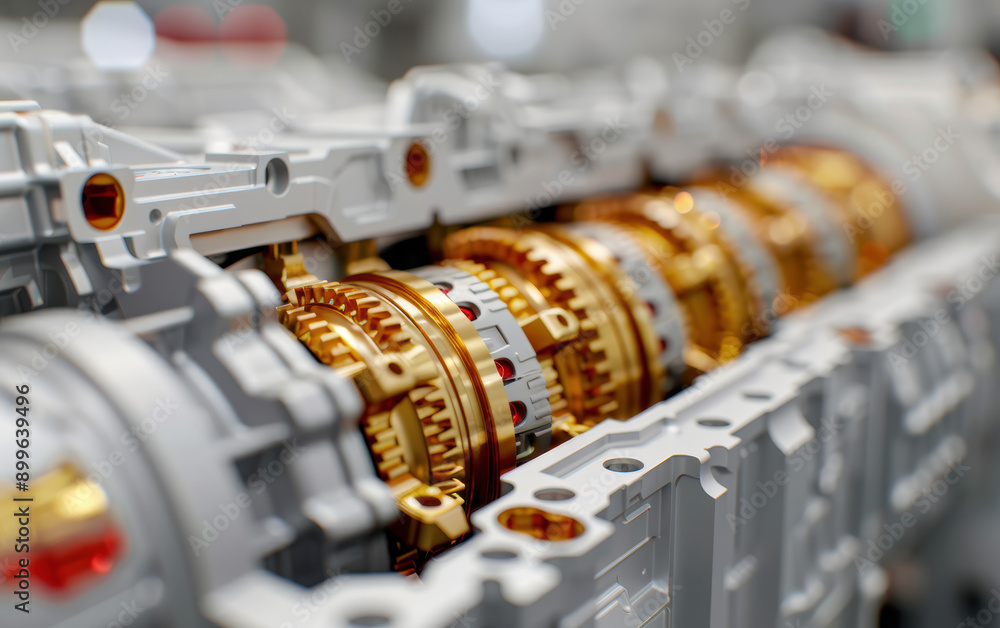 Aufkleber close-up view of a complex mechanical gear system inside an industrial machine, featuring intricate 
