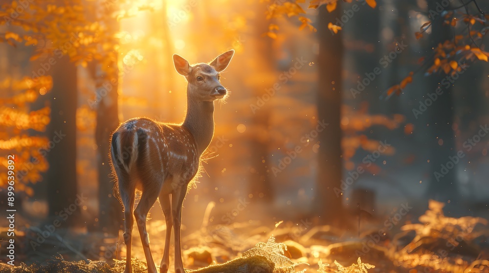 Poster elegant deer standing in misty autumn forest at dawn with gentle sunlight filtering through trees