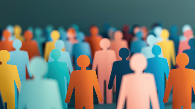 Colorful paper cutout figures representing diversity and inclusion standing together in a crowd, symbolizing teamwork and community. - Powered by Adobe