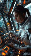 Obraz premium A futuristic woman in a modern suit sits inside a spaceship, working on cybersecurity. She's surrounded by various computers and semi-transparent monitors displaying complex data streams