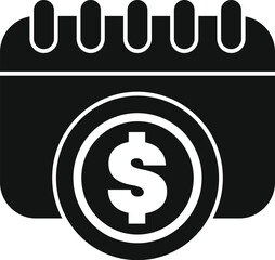 Simple black and white icon of a calendar showing a big dollar coin, representing payday