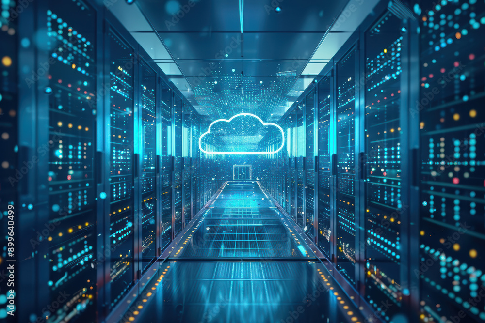 Poster futuristic data center with cloud technology concept. digital servers with blue lights showcasing da