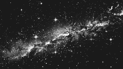 Deep space scene background in stippling style with amazing huge nebula and glowing stars cluster in universe. Retro styled dotwork. Pointillism. Noisy grainy shading using dots. Vector illustration © 3d_kot