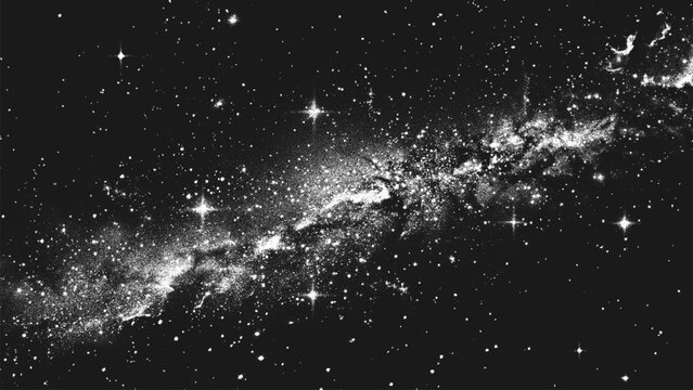 Deep space scene background in stippling style with amazing huge nebula and glowing stars cluster in universe. Retro styled dotwork. Pointillism. Noisy grainy shading using dots. Vector illustration