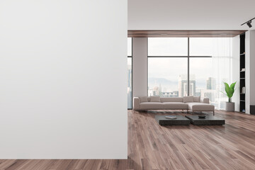White home living room interior with sofa and shelf, window. Mockup wall