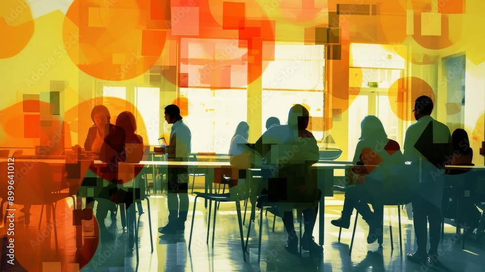 Aufkleber silhouettes of people in an office setting are overlaid with colorful abstract shapes, creating a mo