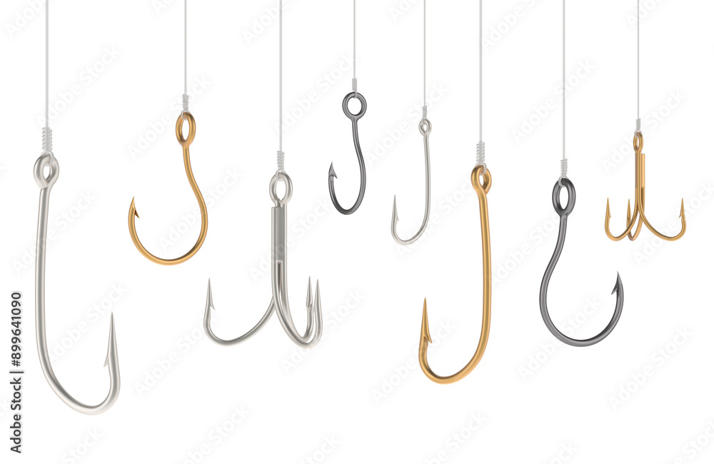 Poster many fishing hooks on fishing lines. 3d rendering isolated on transparent background