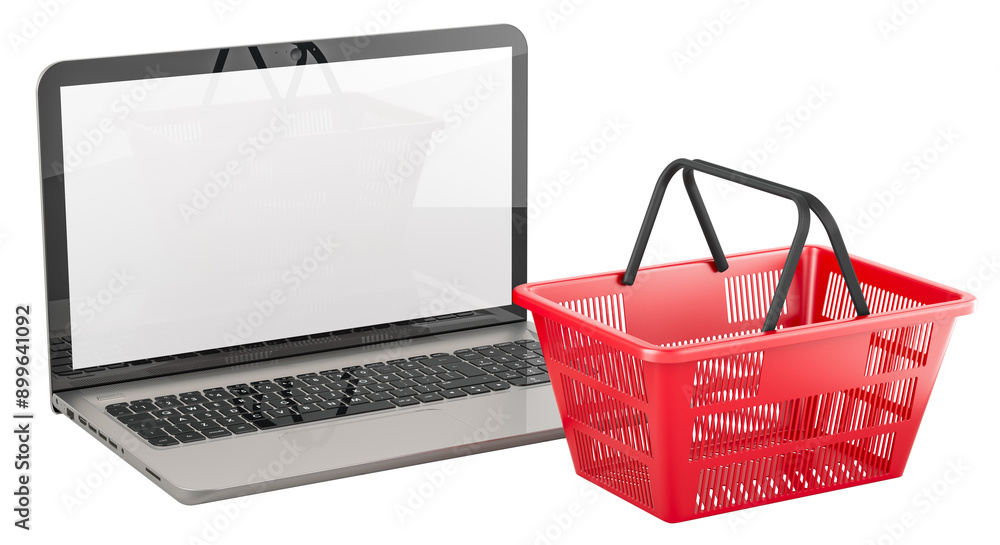 Aufkleber laptop with white screen and empty shopping basket, 3d rendering isolated on transparent background