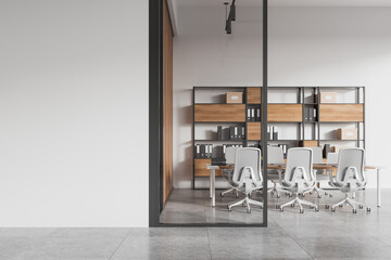 Office conference room interior with table and chairs, shelf and mockup wall