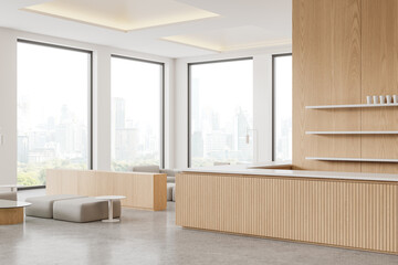Wooden cafe interior with bar counter and dining space, panoramic window