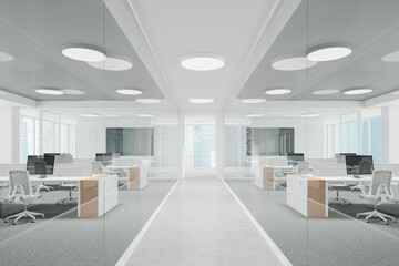 Office room interior with pc computers and glass partition, panoramic window