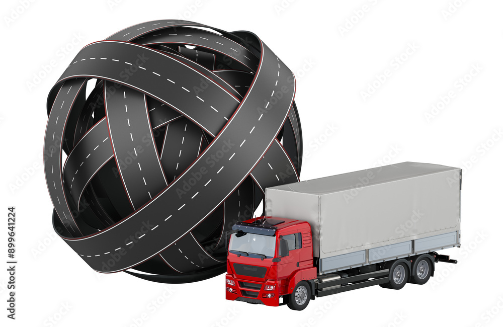 Poster tangled ball of roads with lorry truck. 3d rendering isolated on transparent background