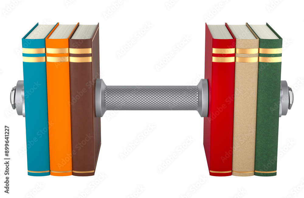 Poster train and pump you brain, concept. dumbbell made from stack of books. 3d rendering isolated on trans