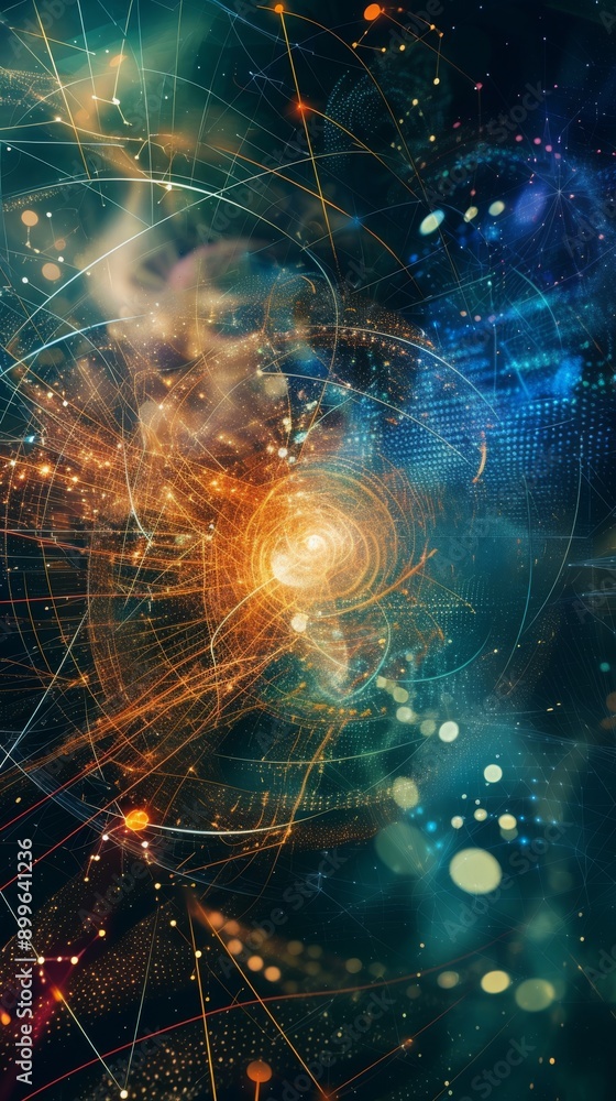 Aufkleber an intricate abstract digital artwork depicting cosmic energy with glowing lines and particles radia