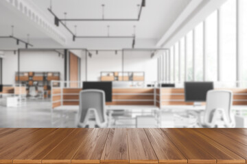 Wooden desk and office room interior with furniture and window blurred, mockup