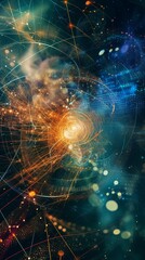 An intricate abstract digital artwork depicting cosmic energy with glowing lines and particles radiating from a central point. The dynamic design and vibrant colors create a sense of movement and