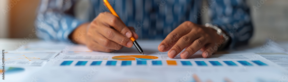 Poster close-up of hands analyzing colorful financial charts and graphs. concept of data analysis, business
