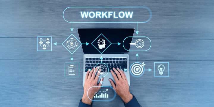 Top view of man typing on laptop, flowchart with work process icons and arrows