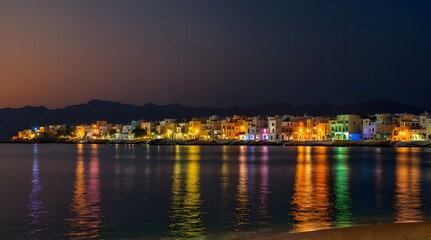 Lovely evening at Hersonissos Bay, Crete, Greece, with a beach, umbrellas, and vibrant colors highlighting the shoreline.