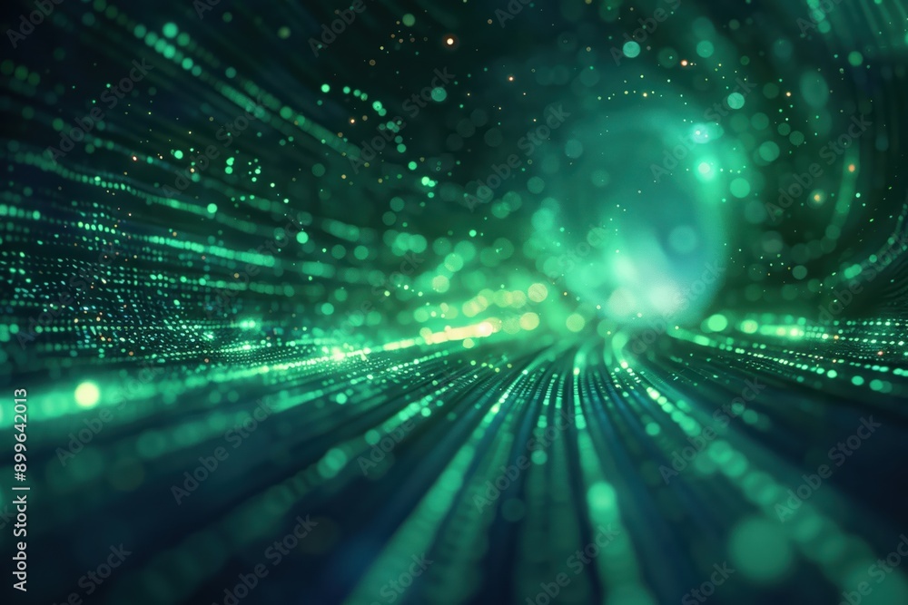 Poster futuristic green light trails and particles forming a digital network. abstract sci-fi or technology