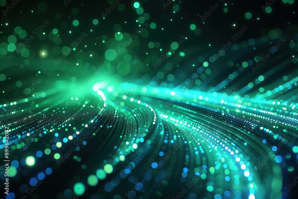 Poster abstract green and blue light trails and bokeh creating a futuristic and tech-inspired background wi