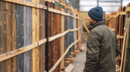 A man examines a selection of wooden panels in a warehouse, showcasing various colors and textures for construction projects.