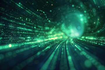 Futuristic green light trails and particles forming a digital network. Abstract sci-fi or technology background with depth and motion effects.