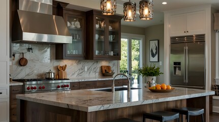 Large, contemporary white kitchen featuring top-notch appliances and a sizable island. Kitchen including a desk, wine cooler, and black leather chair,Gorgeous kitchen detail in a brand-new mansion. 