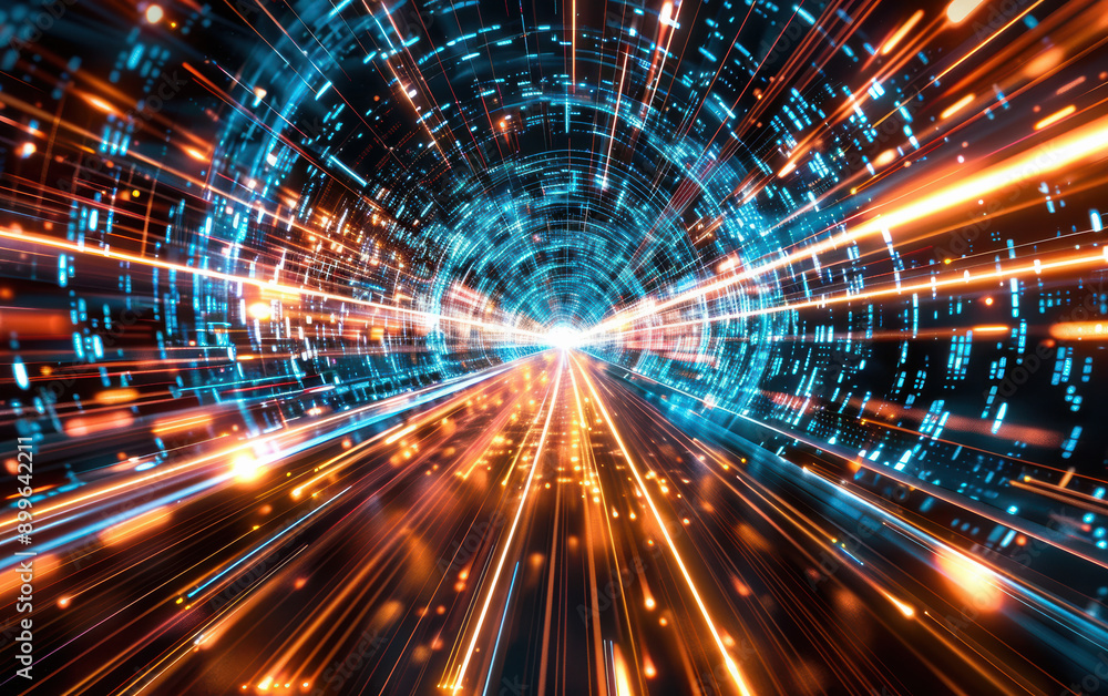 Poster dynamic light tunnel with futuristic lines and glowing particles creating sense of speed, technology