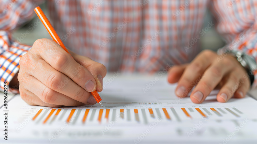 Poster business professional analyzing financial chart and writing notes. hands holding pen and reviewing d