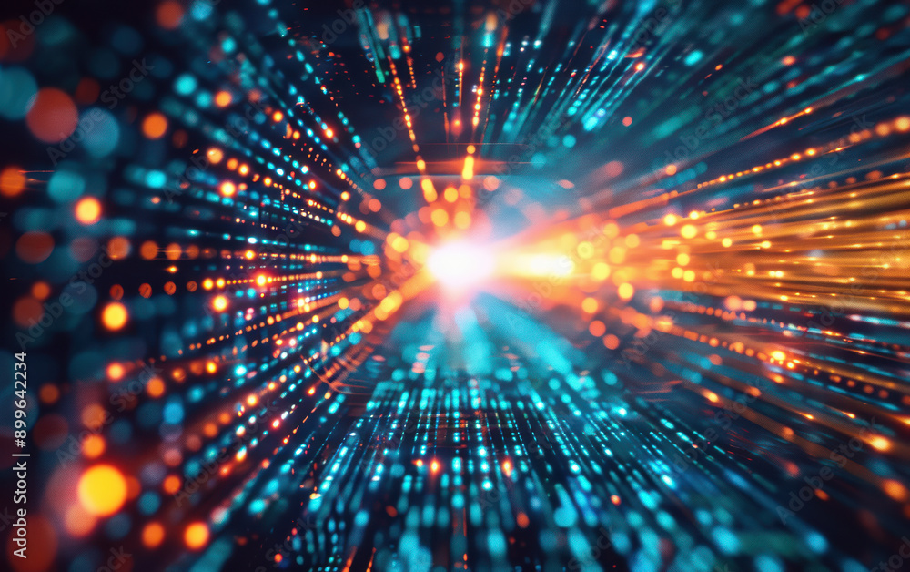 Poster glowing abstract background with dynamic light streaks and vibrant dots, representing speed, data tr