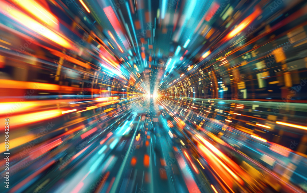 Poster dynamic abstract tunnel with colorful light streaks creating a sense of speed and motion. perfect fo