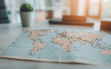 Naklejka premium Blurred world map on a desk with sunlight streaming in, evoking a sense of adventure and exploration, perfect for travel and education themes.