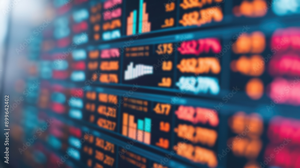 Poster blurred stock market chart and graphs showcasing financial data with colorful numbers and trends on 