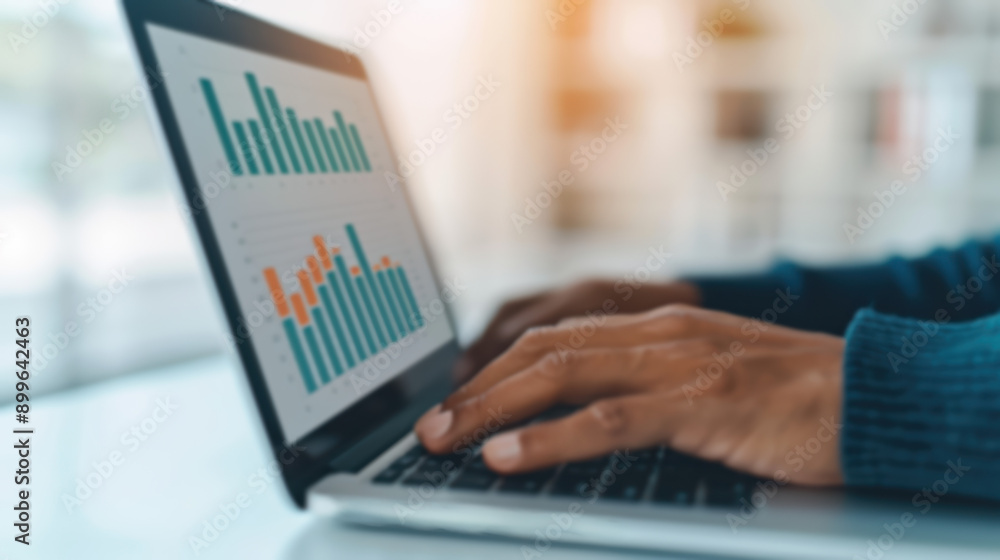 Poster close-up of hands typing on a laptop with a graph on the screen, representing data analysis and busi