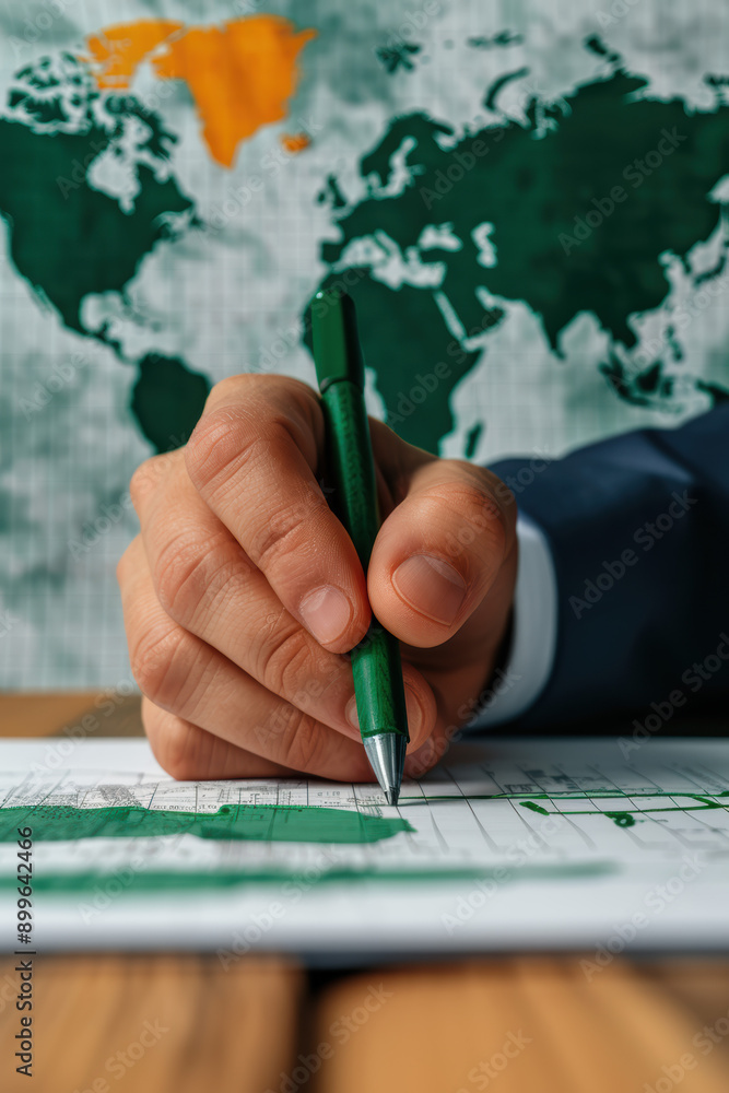Poster close-up of a hand holding a green pen over a document with charts and a world map in the background