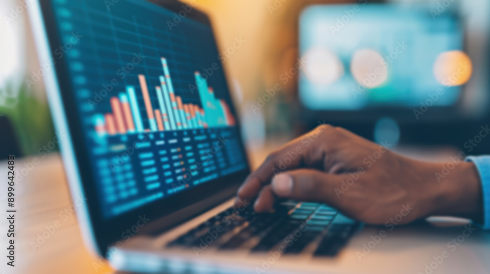 Poster hand typing on laptop keyboard with data visualization graph on screen, representing business analyt