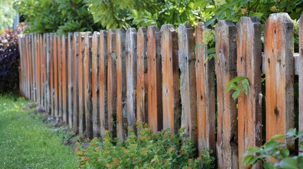 A rustic wooden fence with natural colors, enhancing the charm of the garden landscape in a serene outdoor setting.
